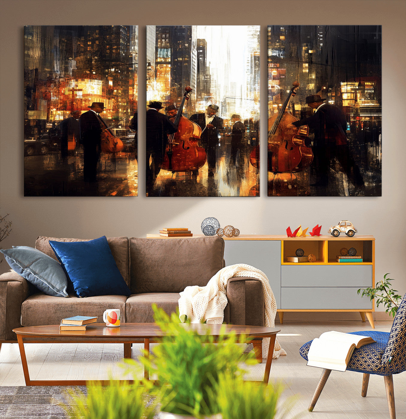 58782-MGV-CV-36X24-Jazz Musicians Cityscape Wall Art – Vibrant Urban Night Canvas Print, Elegant Music Themed Decor for Living Room, Office, or Music