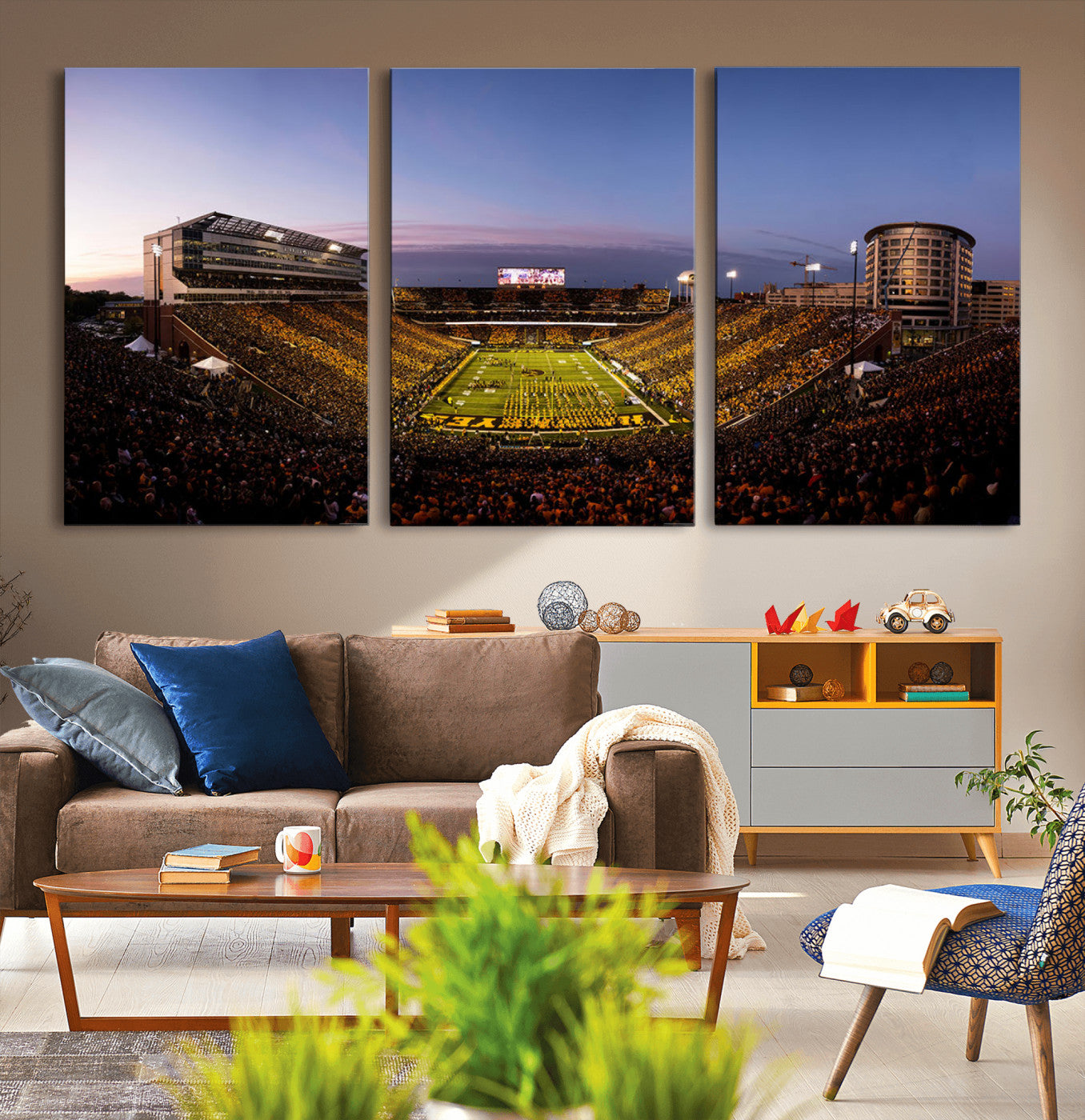 82557-MGV-CV-36X24-College Football Stadium Wall Art – Panoramic Sunset Canvas Print with Marching Band and Game Day Crowd, Sports Artwork for Man