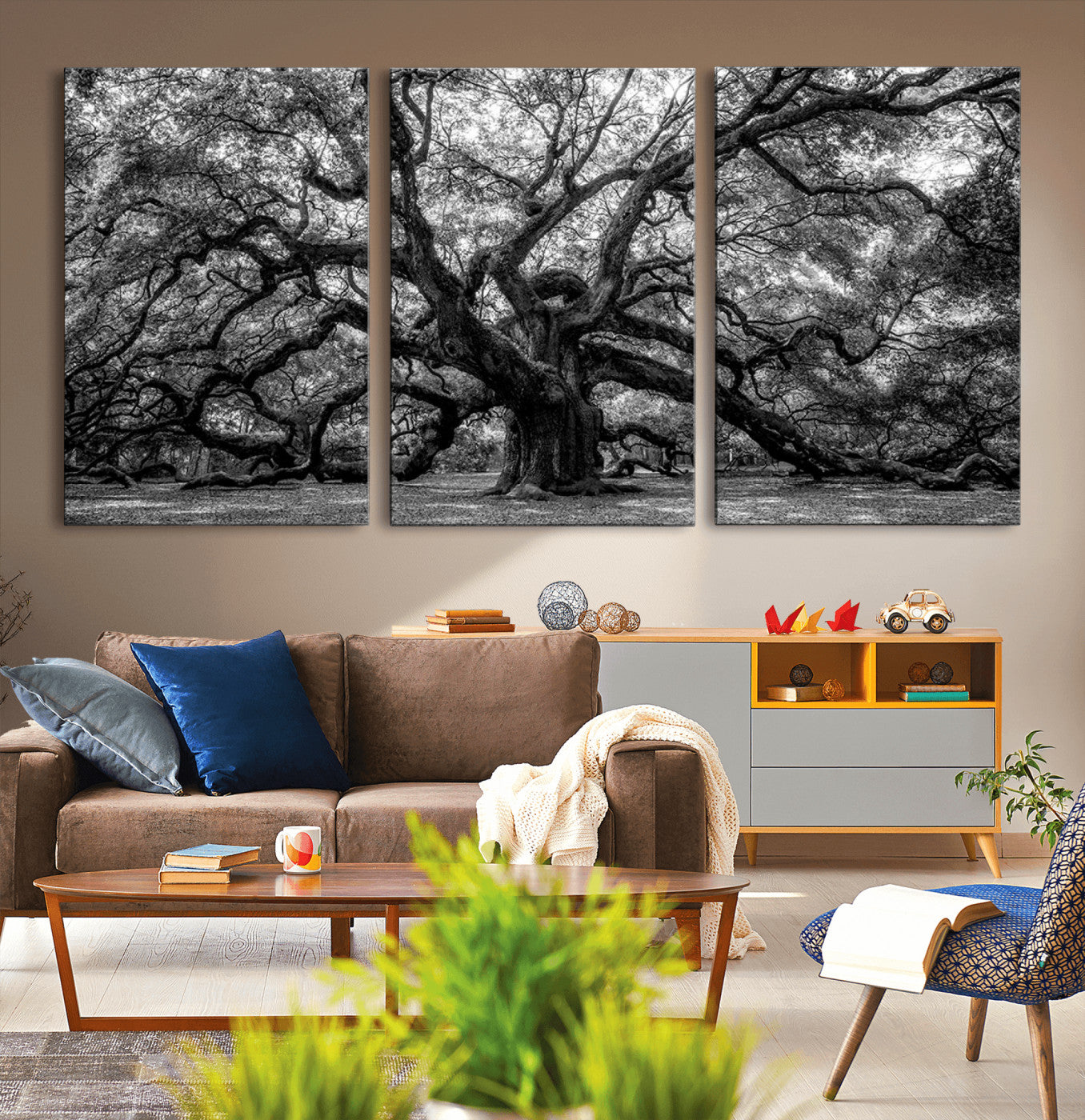 132944706-MGV-CV-36X24-Ancient Tree Wall Art – Black and White Photography Canvas Print Featuring Majestic Twisting Branches, Rustic Nature Artwork for