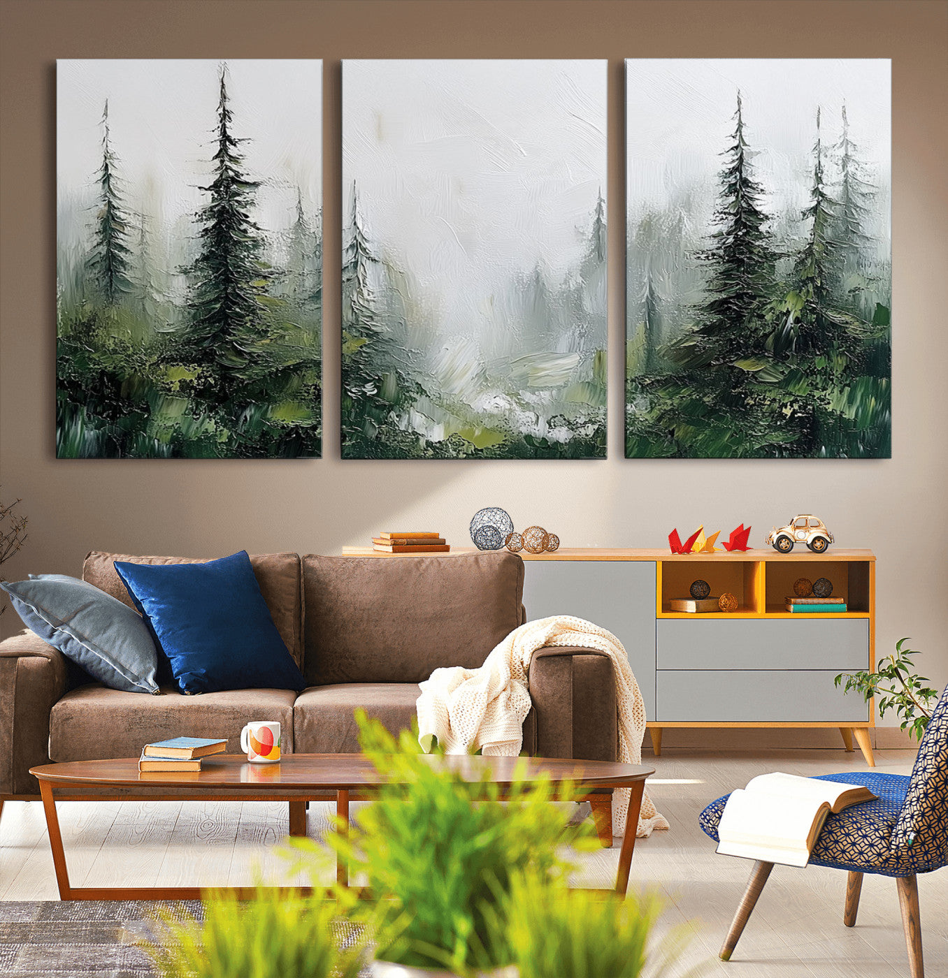 76014-MGV-CV-36X24-Forest Wall Art – Textured Canvas Print Featuring Misty Evergreen Pines and Woodland Landscape, Rustic Nature Artwork for Living