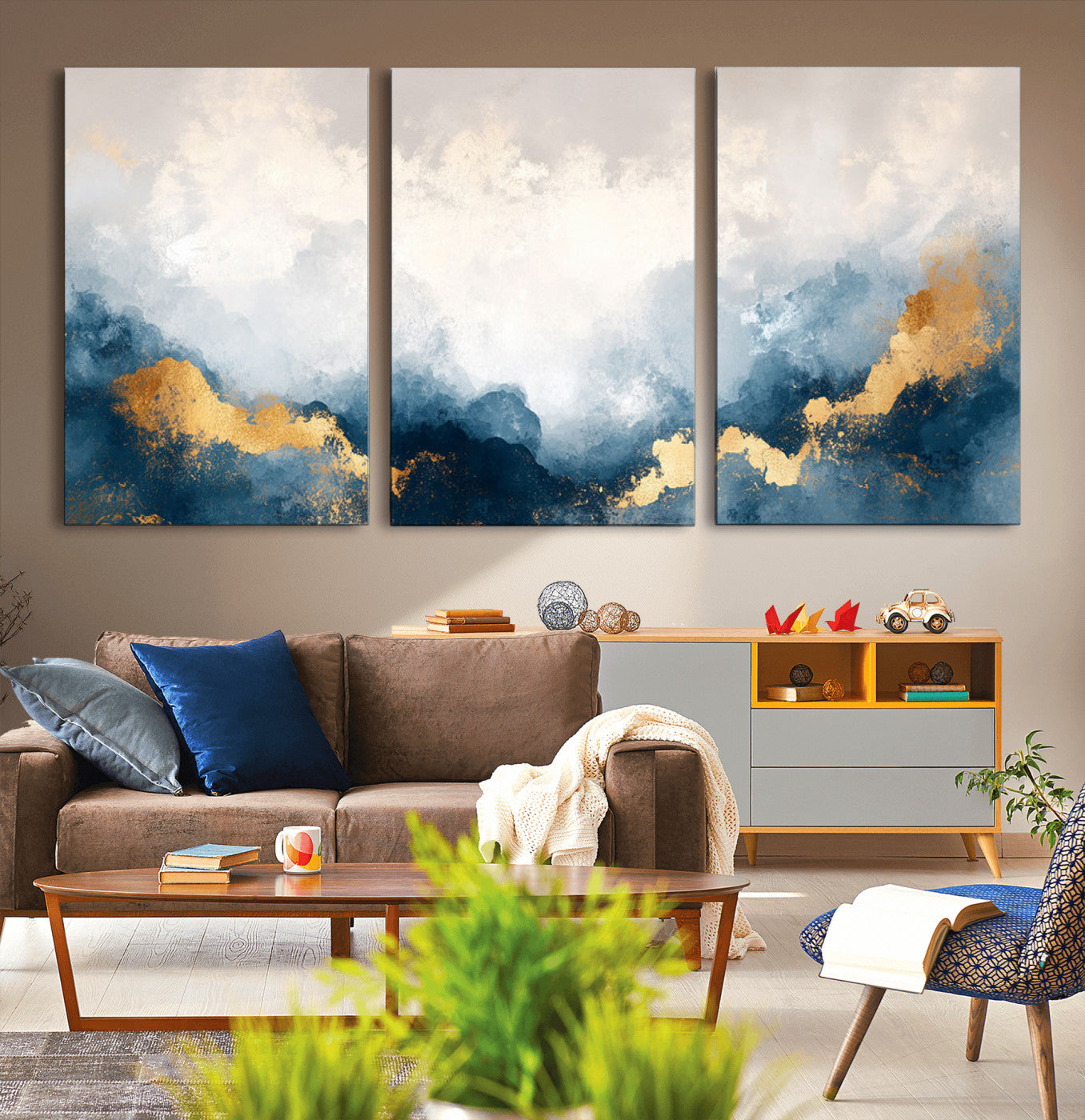 14578-MGV-CV-60X30-3P-Abstract Wall Art – Modern Canvas Print Featuring Blue and White Clouds with Golden Accents, Contemporary Elegant Artwork for
