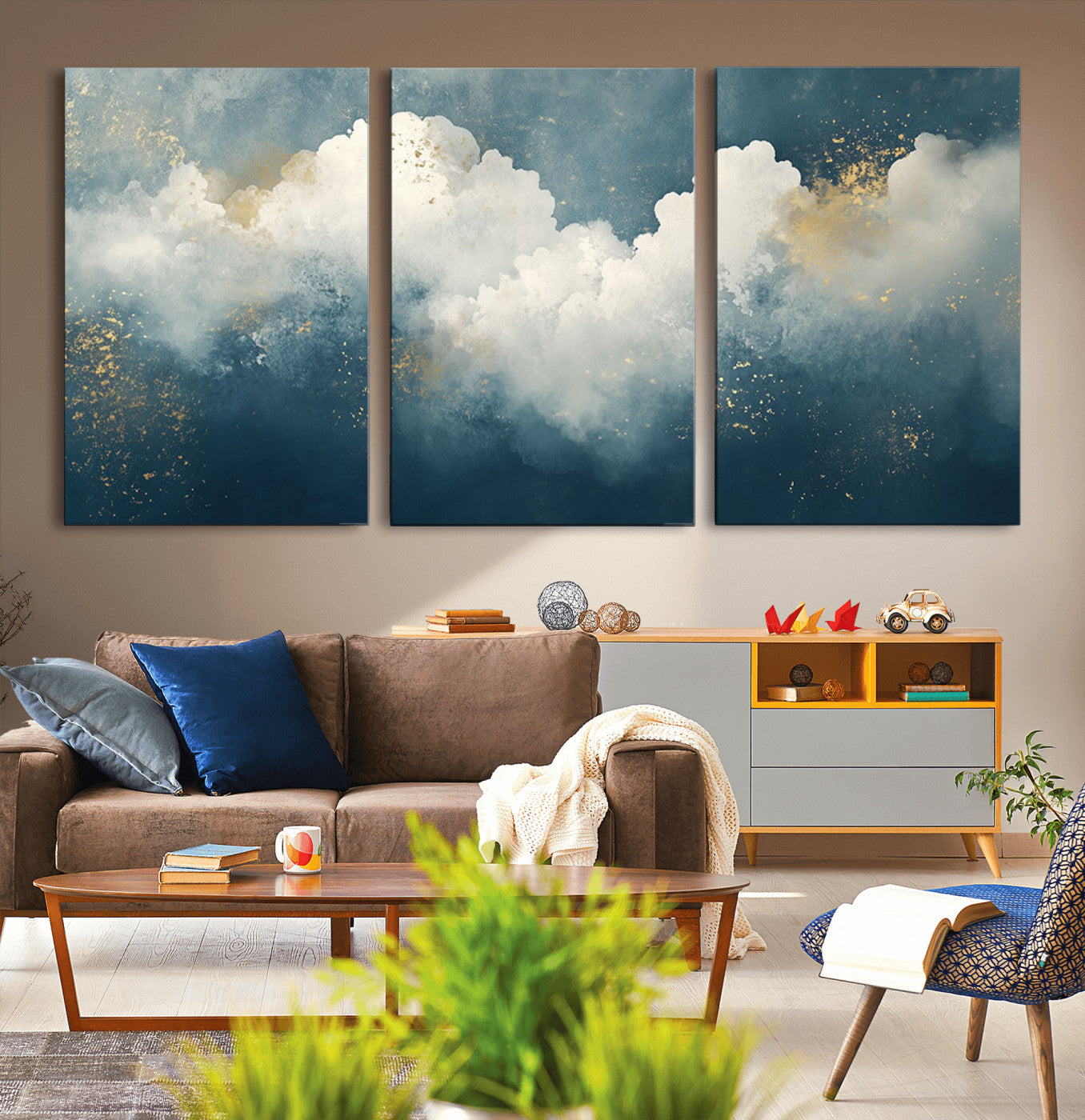 75131-MGV-CV-36X24-Abstract Cloud Wall Art – Modern Canvas Print Featuring Blue and White Clouds with Golden Accents, Contemporary Artwork for Living