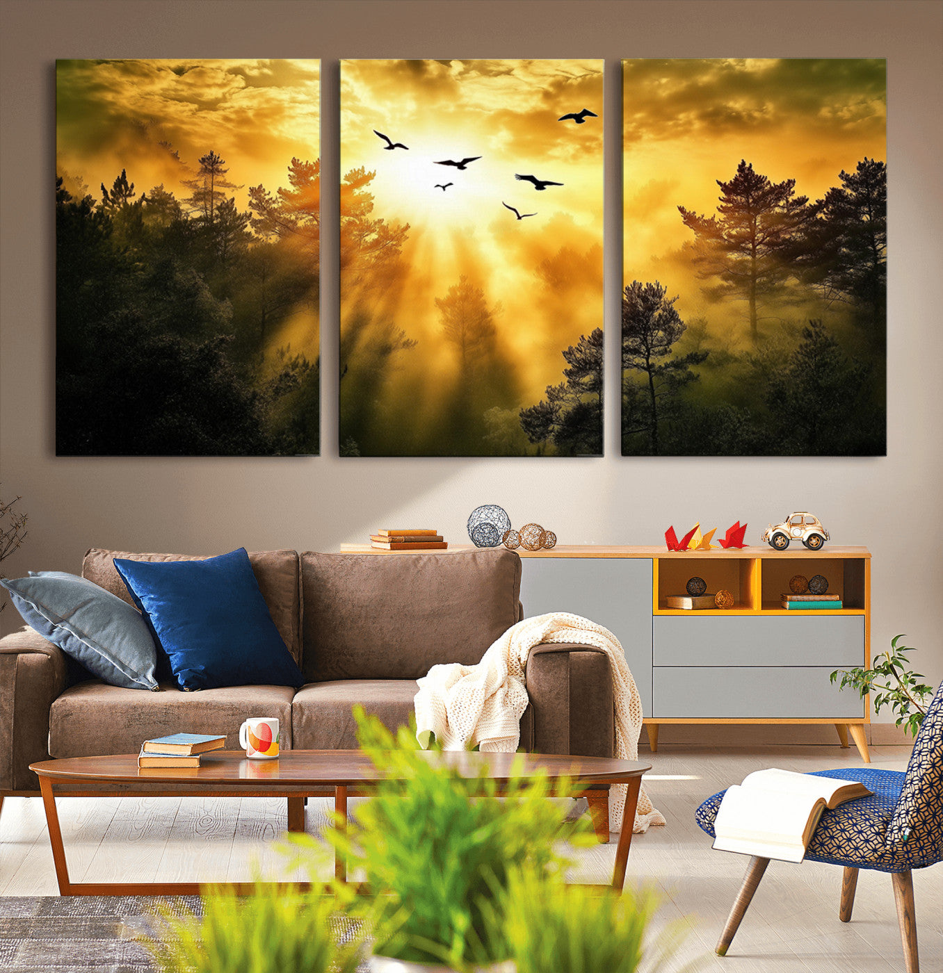 13776802-MGV-CV-36X24-Golden Forest Wall Art Canvas Print, Framed Sunset Pines Art Picture Print, Flying Birds Perfect Nature Glow Decor Artwork