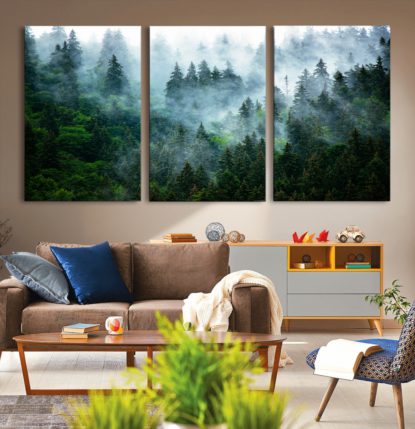 17393683-MGV-CV-36X24-Misty Forest Art Wall Art Canvas Print, Framed Foggy Mountain Art Art Picture Print, Scenic Wall Print Perfect Decor Artwork