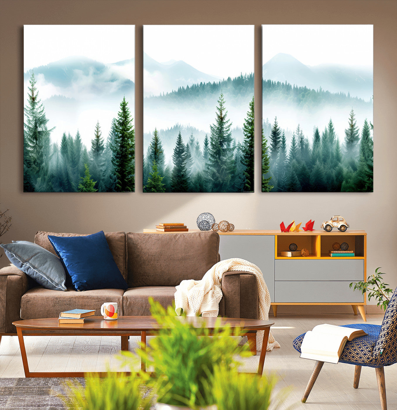 16716676-MGV-CV-36X24-Pine Forest Wall Art Canvas Print, Framed Misty Mountains Art Picture Print, Foggy Trees Perfect Moody Forest Decor Artwork