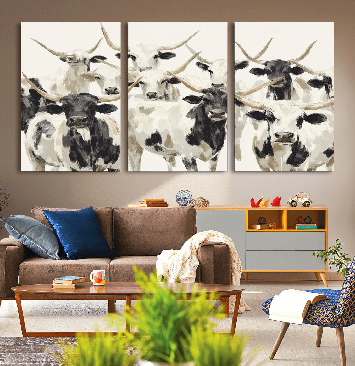 52947970-MGV-CV-36X24-Texas Longhorn Wall Art Canvas Print, Framed Cattle Herd Art Picture Print, Herd Portrait Perfect Modern Farmhouse Decor Artwork
