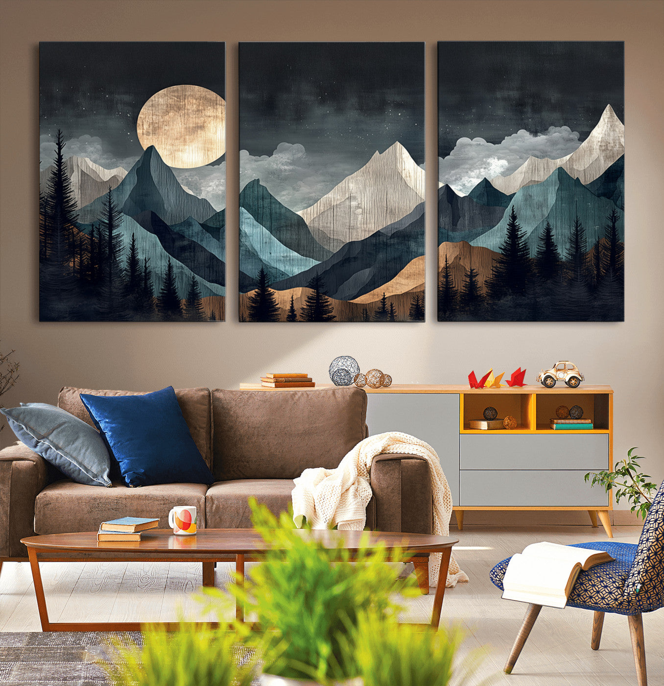 11060882-MGV-CV-36X24-Moonlit Mountains Wall Art Canvas Print, Framed Forest Silhouette Art Picture Print, Night Landscape Perfect Modern Forest Decor