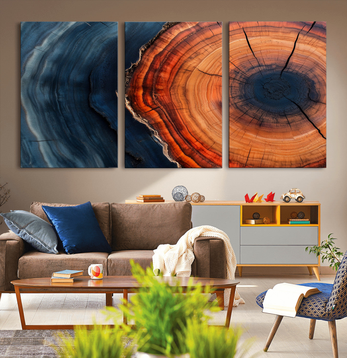 57732250-MGV-CV-60X30-3P-Tree Ring Abstract Wall Art – Blue Orange Wood Grain Canvas Print, Modern Rustic Nature Artwork for Living Room, Office,