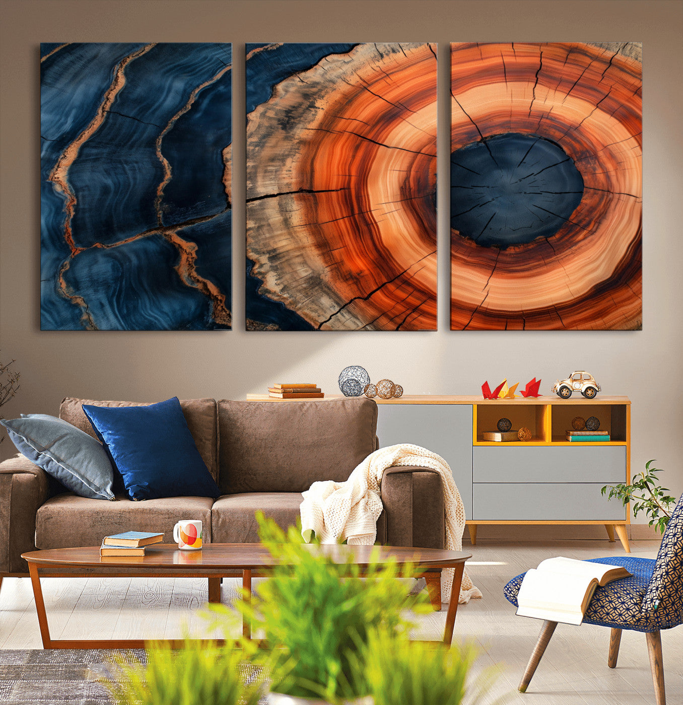 41123192-MGV-CV-36X24-Tree Ring Canvas Wall Art – Abstract Blue Orange Wood Grain Print, Rustic Modern Nature Artwork for Living Room, Bedroom, Office