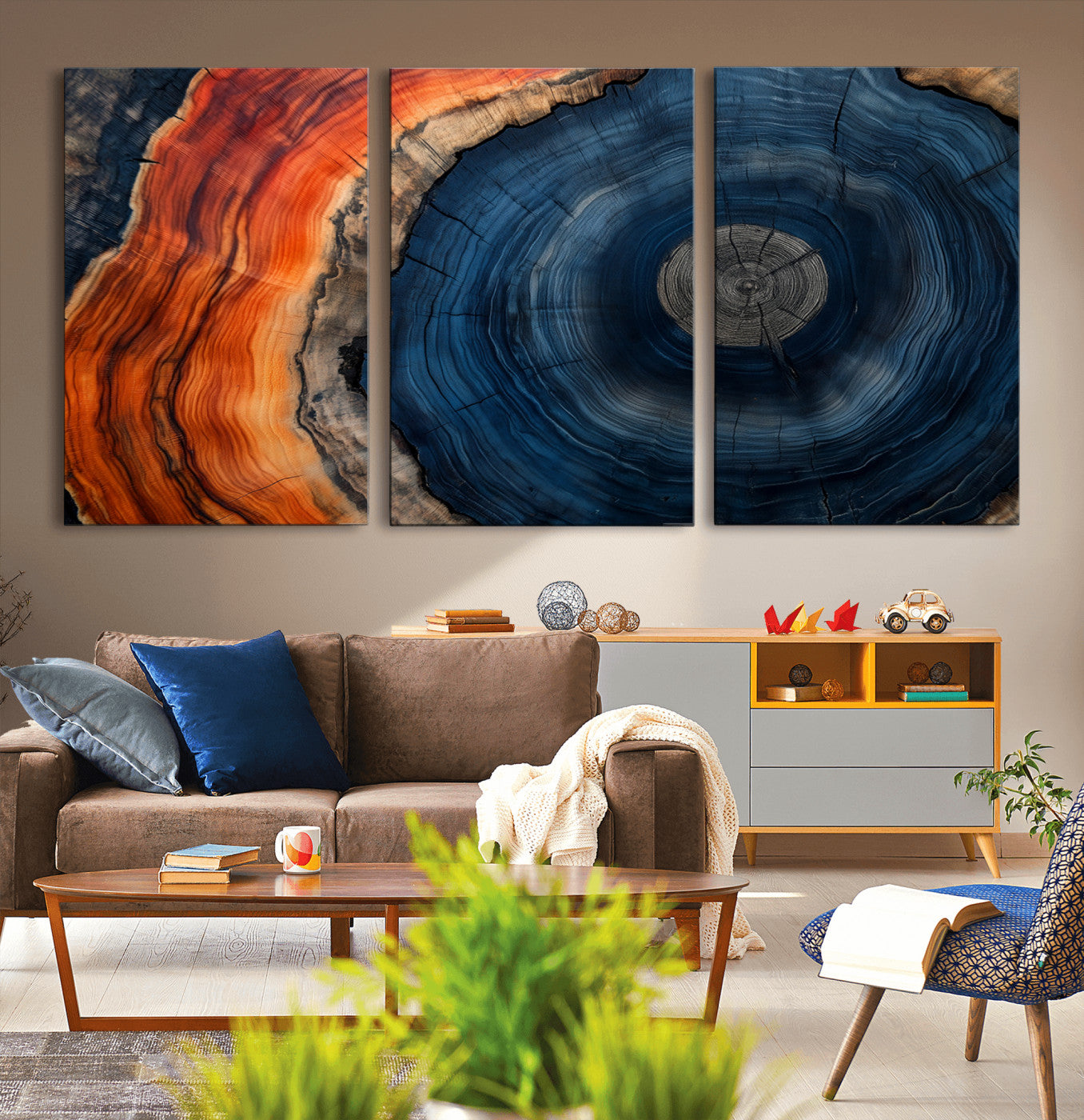99491700-MGV-CV-36X24-Tree Ring Canvas Wall Art – Blue Orange Abstract Wood Grain Print, Rustic Modern Nature Artwork for Living Room, Office, Bedroom