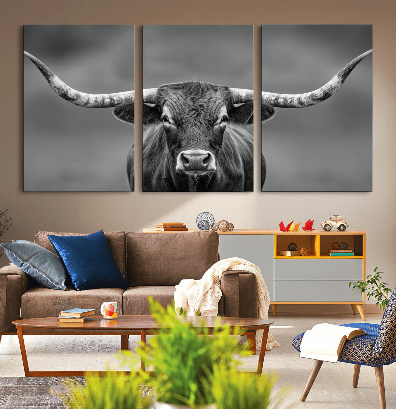 81228550-MGV-CV-36X24-Framed Texas Longhorn Bull Art Canvas Print, Western Bull Wall Art Print, Long Horn Bull Photo Print for Log Cabin, Large Bull