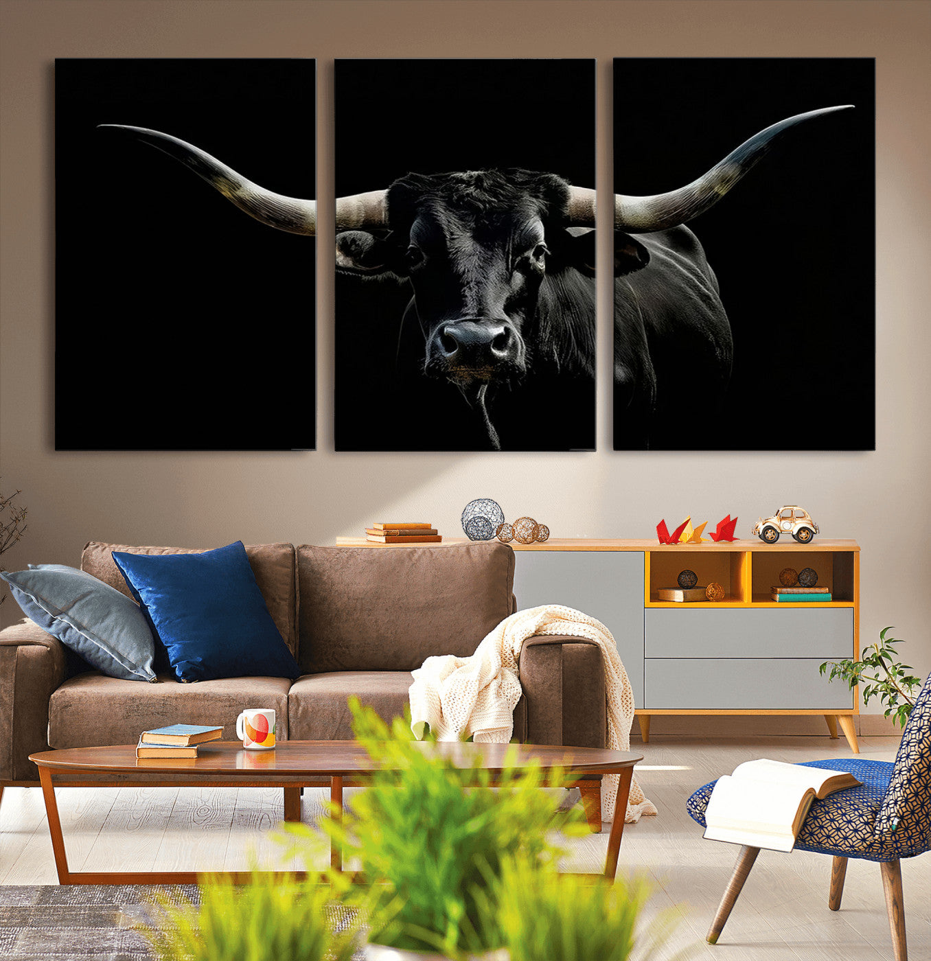 37531960-MGV-CV-36X24-Black Longhorn Bull Wall Art – Dramatic Western Cattle Canvas Print, Rustic Farmhouse Animal Artwork for Living Room, Bedroom,