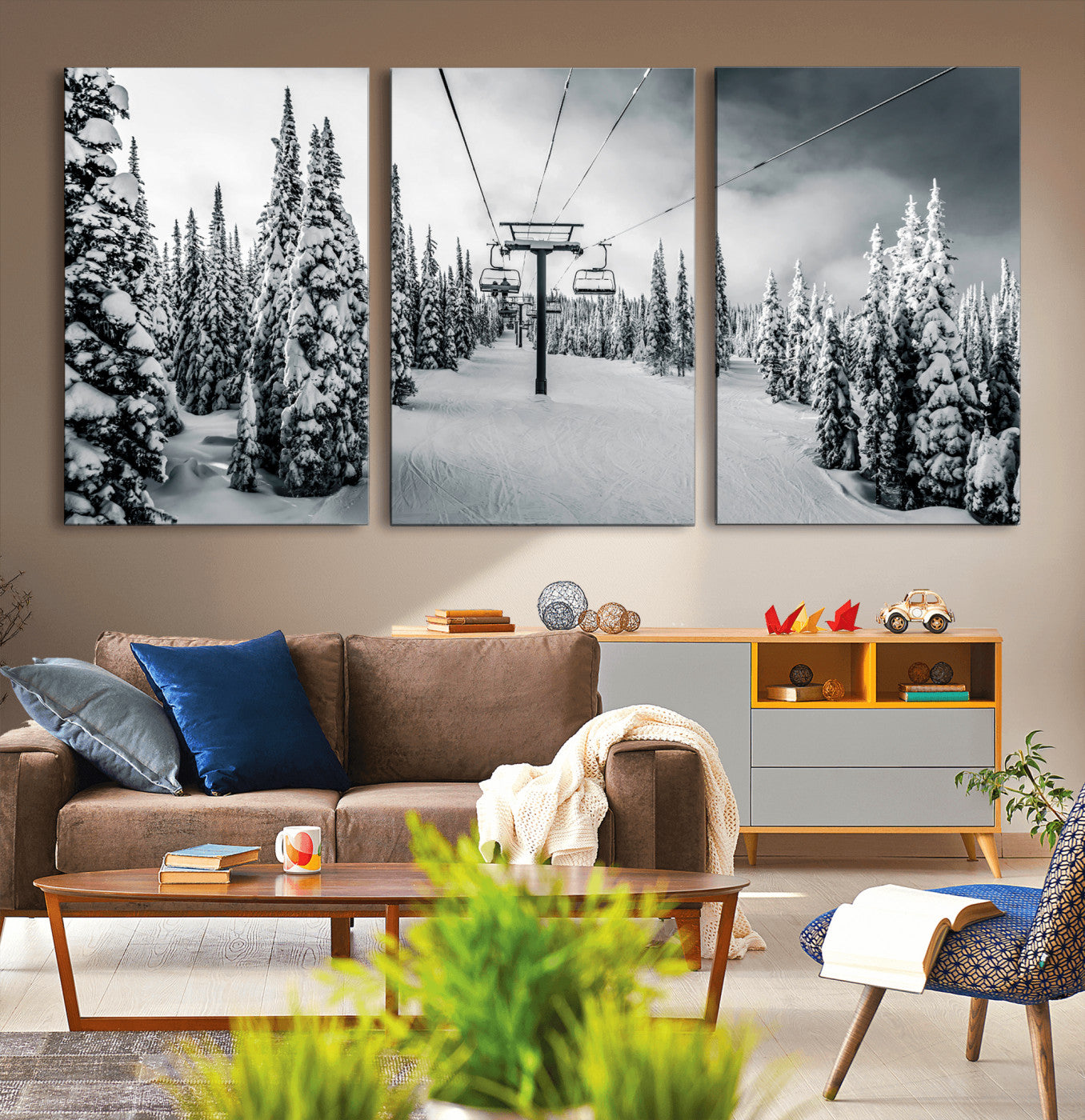 31156828-MGV-CV-36X24-Snowy Pines Wall Art Canvas Print, Framed Ski Lift Art Picture Print, Winter Forest Perfect Moody Lodge Decor Artwork