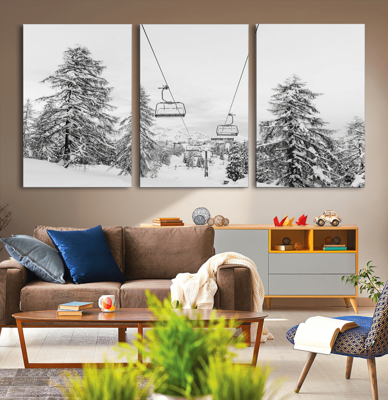 55003599-MGV-CV-36X24-Snowy Ski Lift Wall Art Canvas Print, Framed Winter Forest Art Picture Print, Ski lift Ride Perfect Winter Lodge Decor Artwork