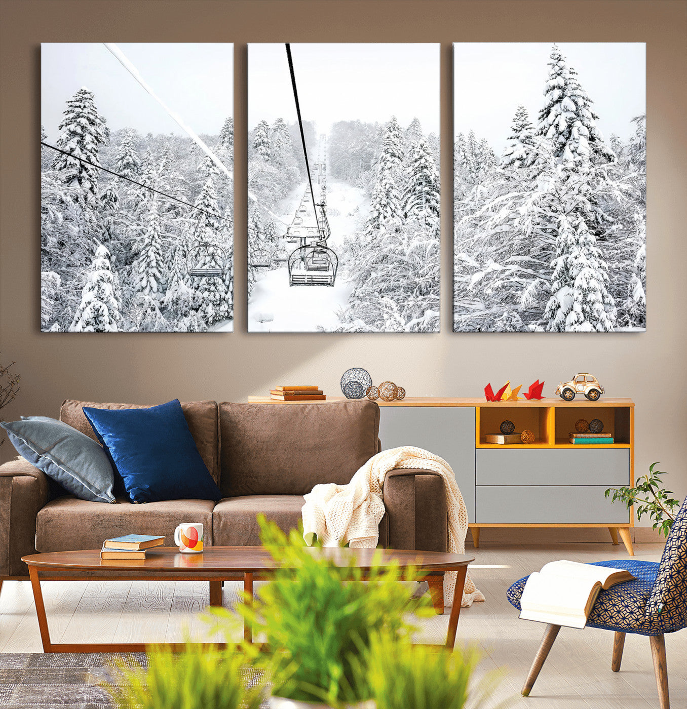 60296839-MGV-CV-36X24-Snowy Mountains Wall Art Canvas Print, Framed Ski Lift Art Picture Print, Winter Forest Perfect Winter Minimalist Decor Artwork