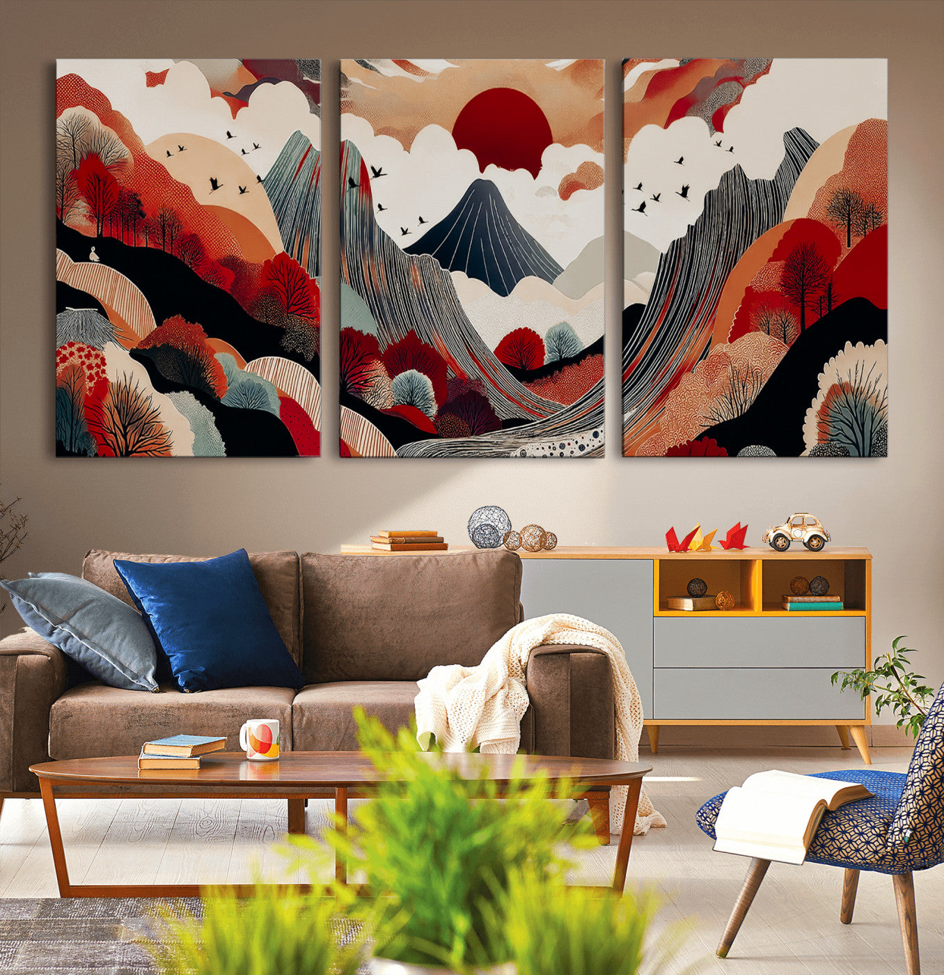 59495752-MGV-CV-36X24-Abstract Mountain Wall Art Canvas Print, Framed Vibrant Landscape Art Picture Print, Nature Drawing Perfect Contemporary