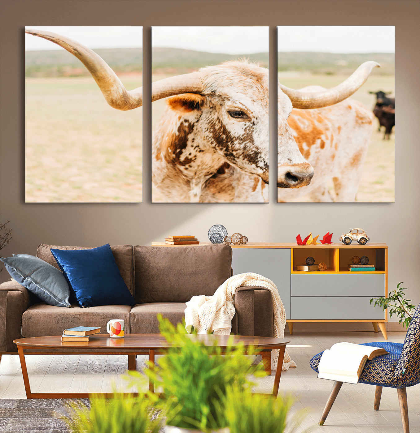 21060648-MGV-CV-36X24-Texas Longhorn Wall Art Canvas Print, Framed Speckled Cow Art Picture Print, Rustic Bull Perfect Rustic Western Decor Artwork