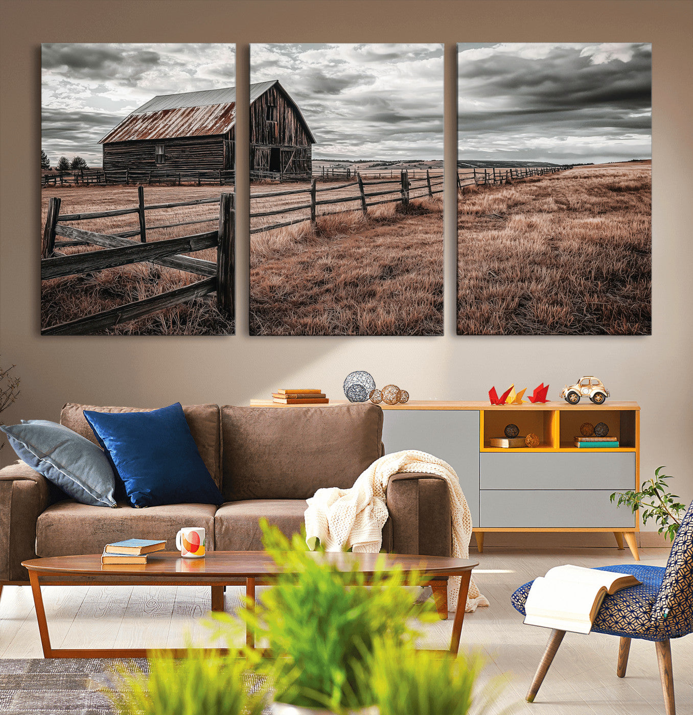 73898372-MGV-CV-36X24-Rustic Barn Wall Art Canvas Print, Framed Moody Field Art Picture Print, Weathered Fence Perfect Moody Farmhouse Decor Artwork