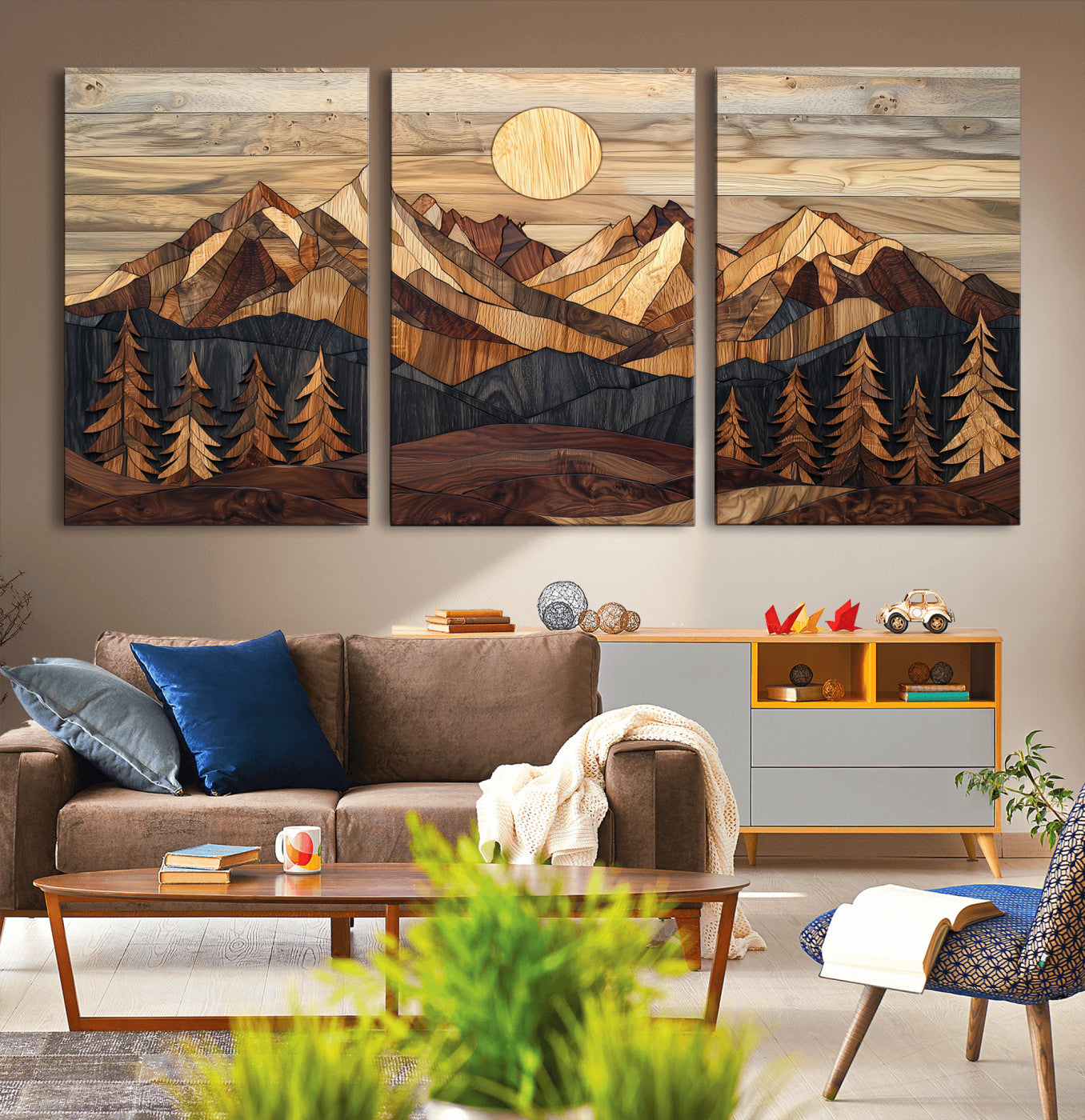 39116082-MGV-CV-36X24-Wood Mountain Landscape Wall Art Canvas Print, Framed Sunset Hills Art Picture Print, Abstract Nature Perfect Boho Decor Artwork