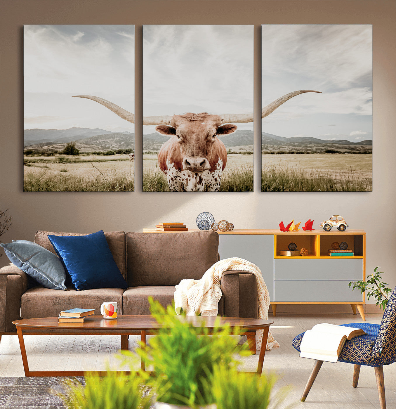 80054319-MGV-CV-36X24-Texas Longhorn Wall Art Canvas Print, Framed Western Cow Art Picture Print, Rustic Farmhouse Perfect Farmhouse Decor Artwork