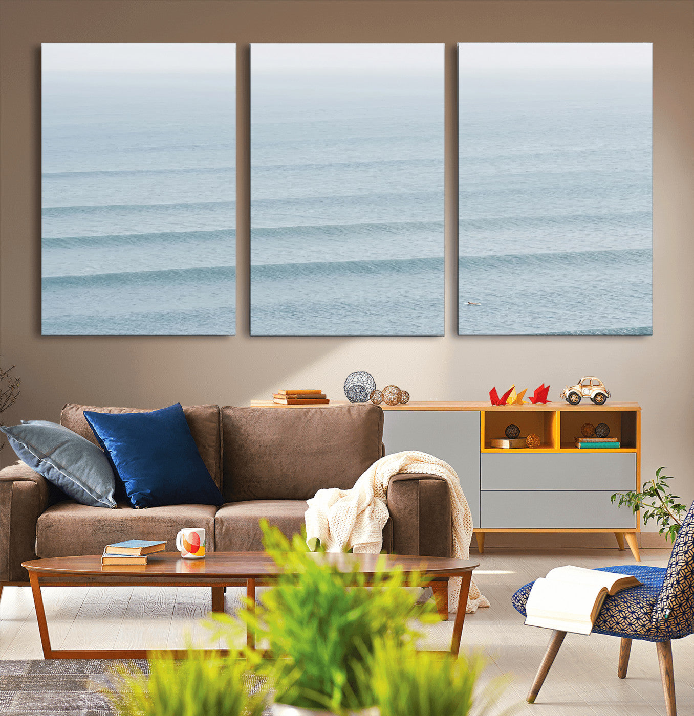 47814787-MGV-CV-36X24-Ocean Waves Wall Art Canvas Print, Framed Solo Surfer Art Picture Print, Wave Lines Perfect Minimalist Ocean Decor Artwork