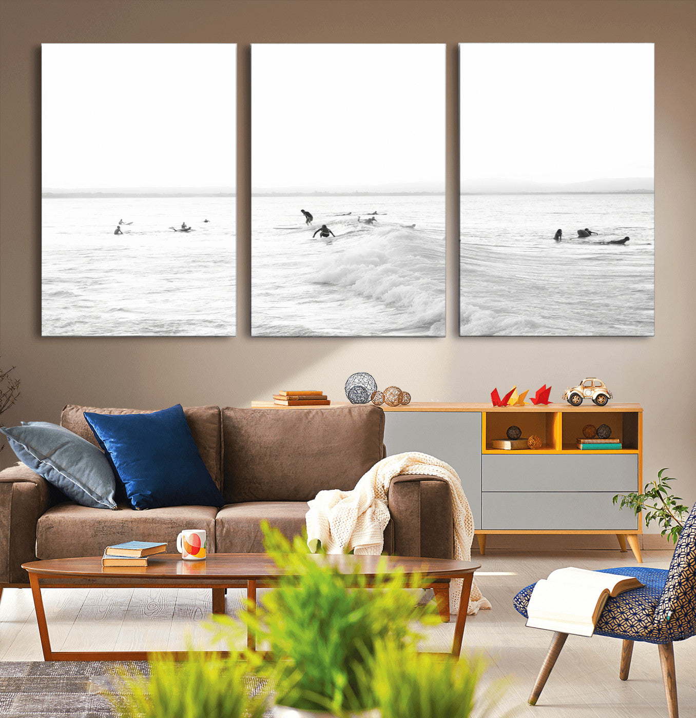 33449548-MGV-CV-60X30-3P-Group Surfers Wall Art Canvas Print, Framed Ocean Wave Art Picture Print, Surf Crowd Perfect Monochrome Surf Decor Artwork