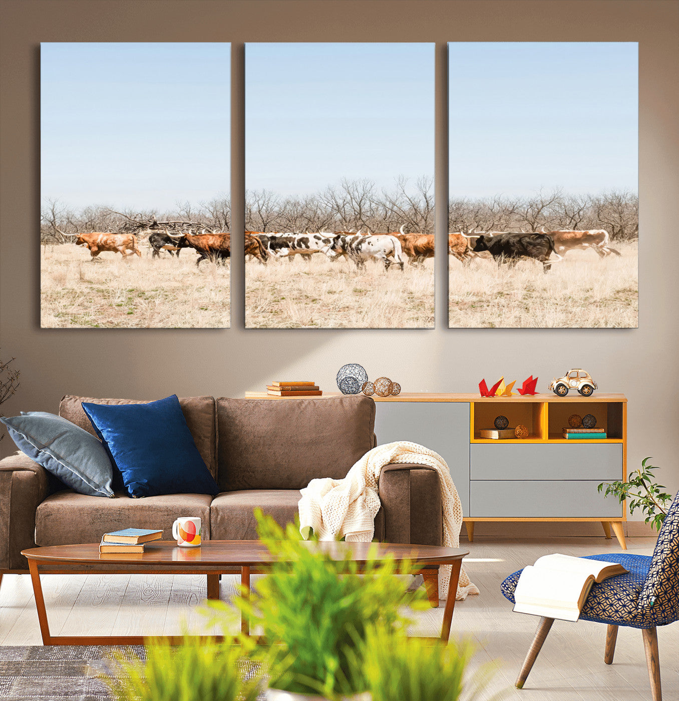 16563092-MGV-CV-36X24-Texas Longhorns Wall Art Canvas Print, Framed Western Cattles Art Picture Print, Rustic Herd Perfect Rustic Farmhouse Decor