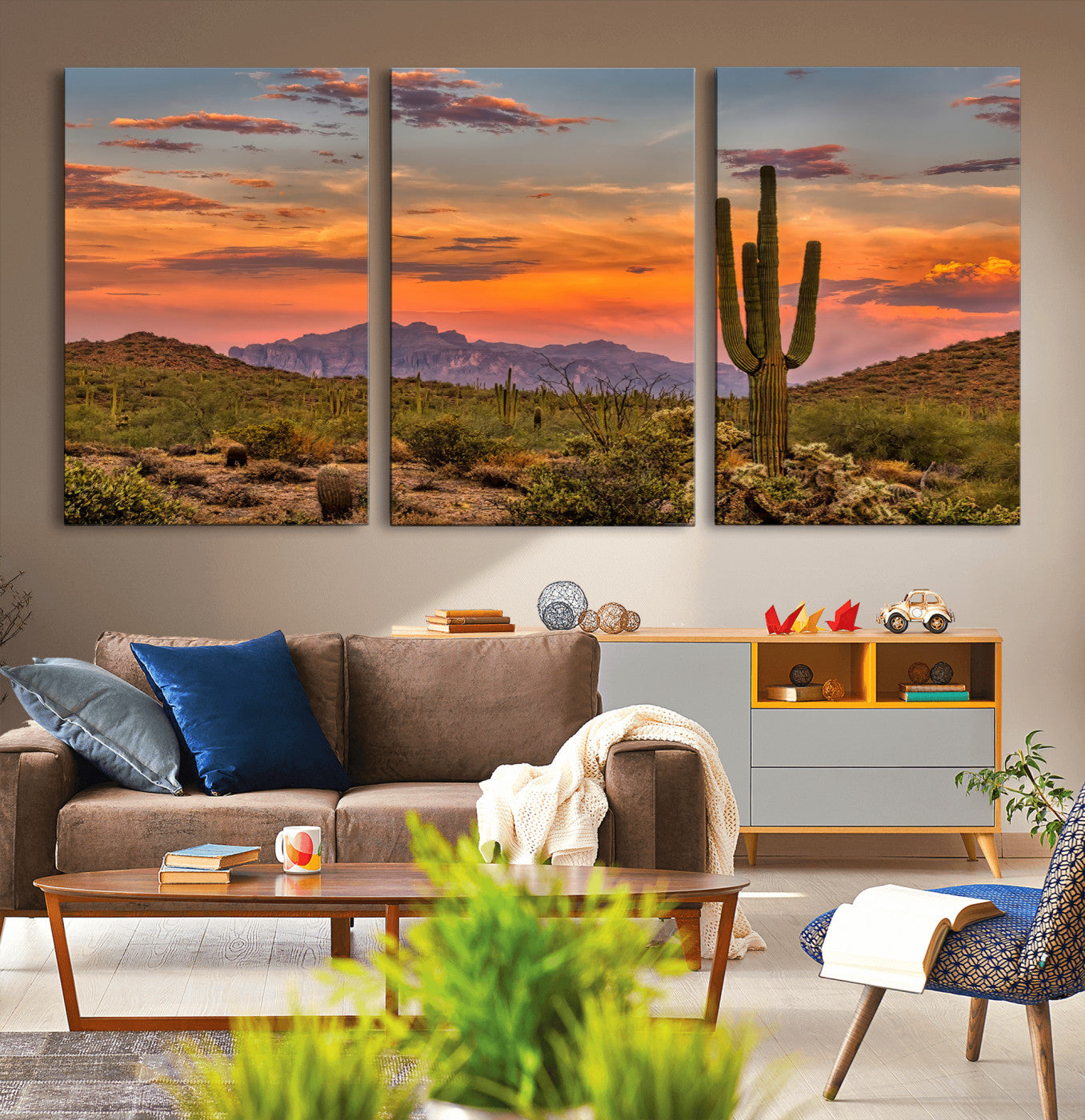 25332783-MGV-CV-36X24-Saguaro Cactus Wall Art Canvas Print, Framed Arizona Sunset Art Picture Print, Sonoran Desert Perfect Southwestern Boho Decor