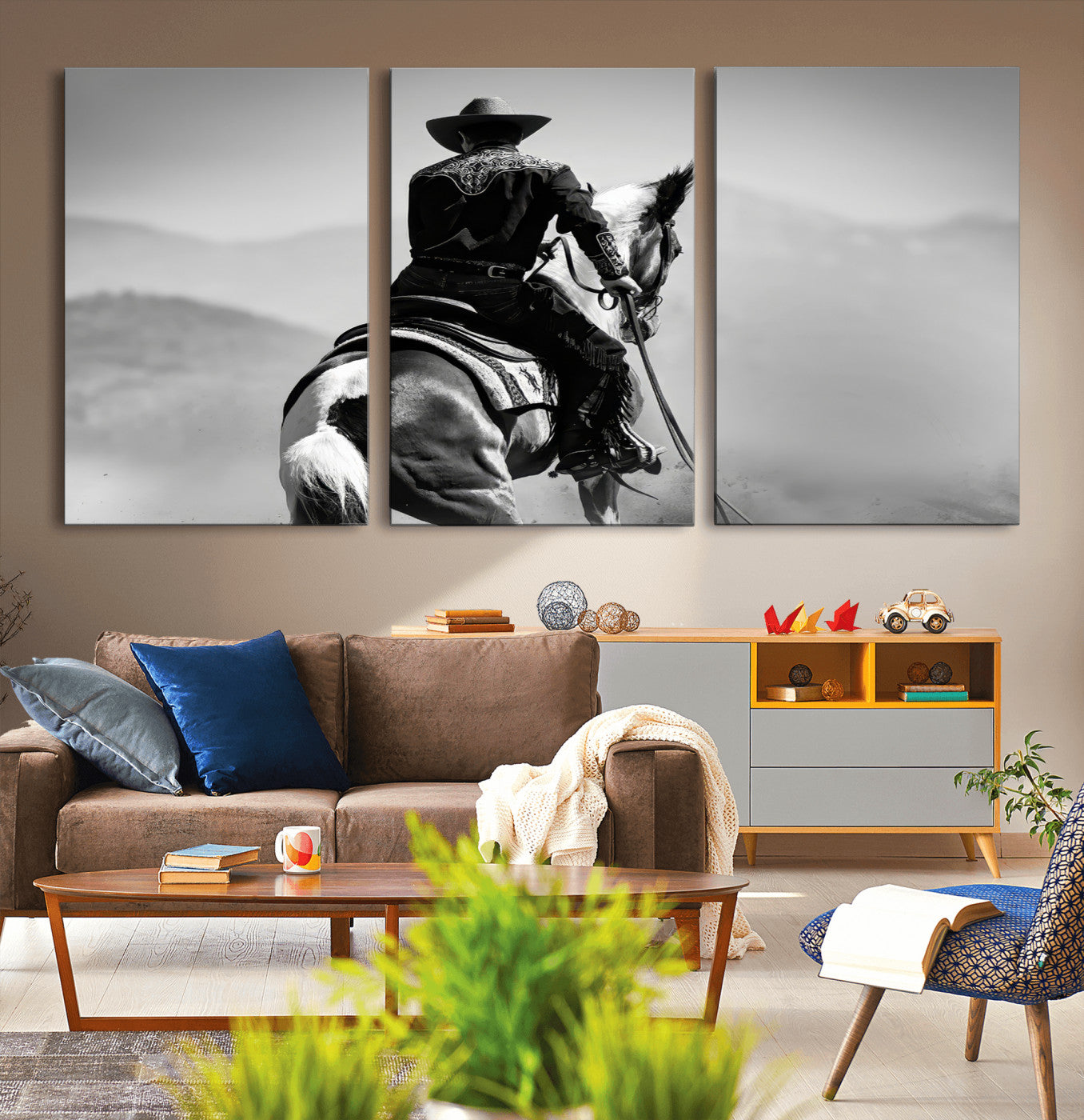 83102464-MGV-CV-36X24-Western Cowboy Wall Art Canvas Print, Framed Monochrome Horse Art Picture Print, Western Equestrian Perfect Rustic Western Decor