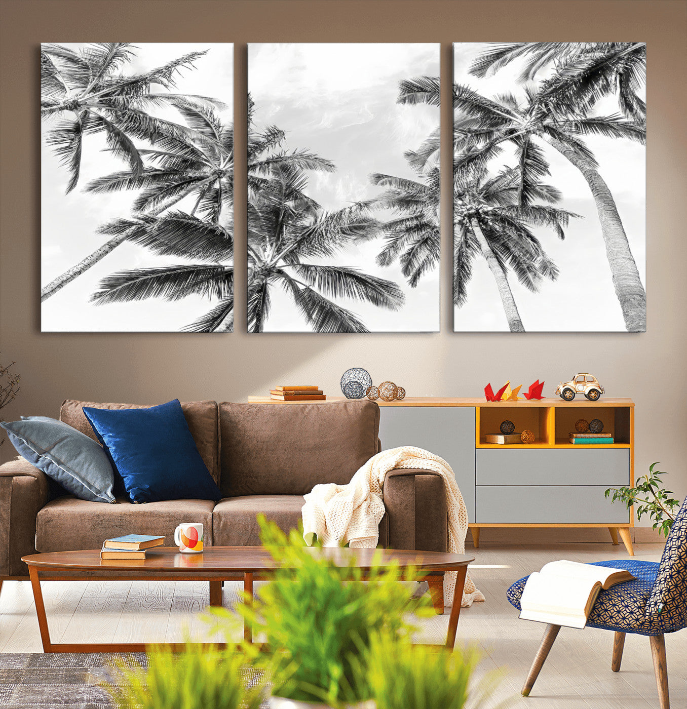 62113786-MGV-CV-36X24-Black White Palm Wall Art Canvas Print, Framed Monochrome Tropics Art Picture Print, Minimalist Beach Perfect Coastal Minimalist