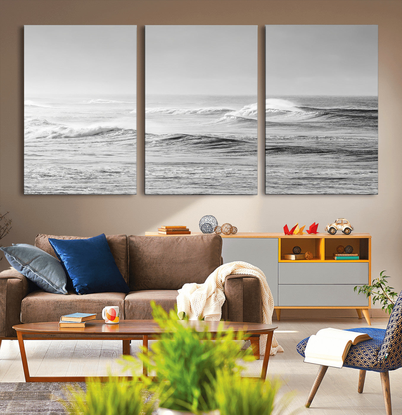 98634812-MGV-CV-36X24-Black and White Ocean Waves Wall Art – Minimalist Sea Canvas Print, Coastal Photography Decor for Living Room, Bedroom or Office