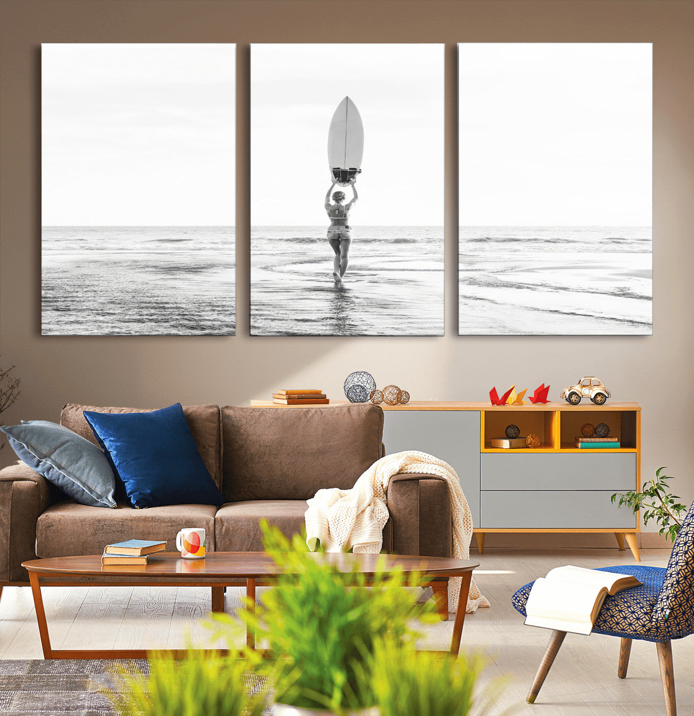 98446901-MGV-CV-36X24-Monochrome Surf Wall Art Canvas Print, Framed Minimalist Surfer Art Picture Print, Surfboard Silhouette Perfect Coastal Minimalist