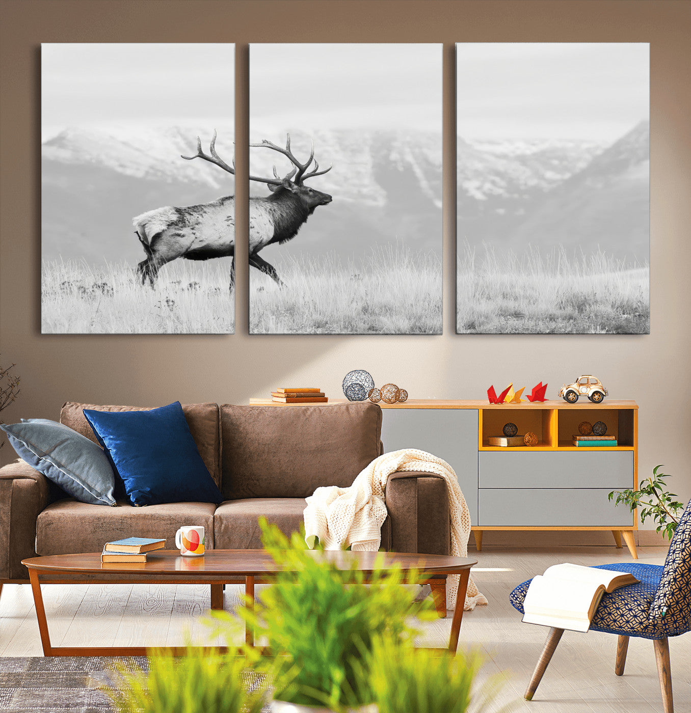 62278753-MGV-CV-36X24-Monochrome Elk Wall Art Canvas Print, Framed Mountain Wildlife Art Picture Print, Rustic Nature Perfect Rustic Minimalist Decor