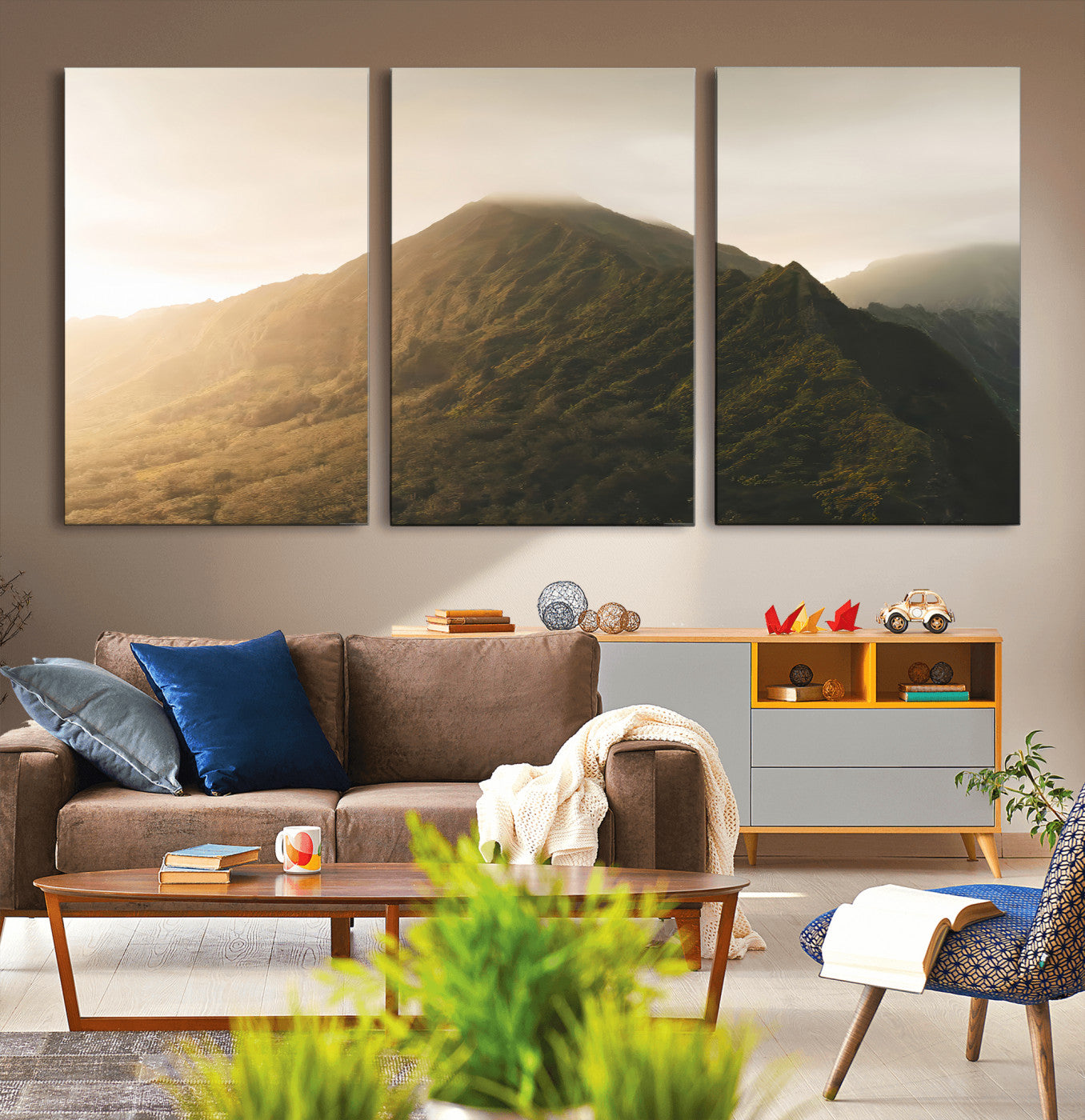 42338636-MGV-CV-36X24-Golden Mountain Wall Art Canvas Print, Framed Misty Summit Art Picture Print, Rugged Landscape Perfect Moody Wilderness Decor