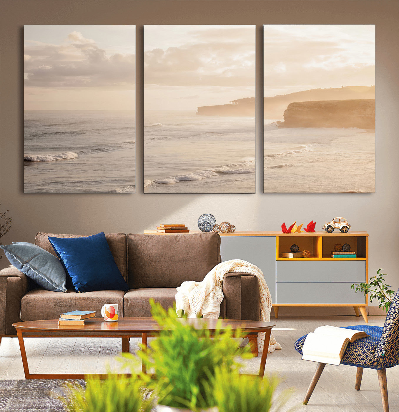 57669769-MGV-CV-36X24-Misty Coastal Wall Art Canvas Print, Framed Golden Sunset Art Picture Print, Serene Shoreline Perfect Tranquil Coastal Decor
