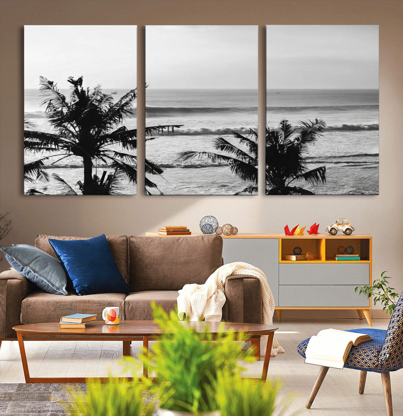 17508038-MGV-CV-36X24-Tropical Coastline Wall Art Canvas Print, Framed Palm Trees Art Picture Print, Ocean Waves Perfect Minimalist Coastal Decor