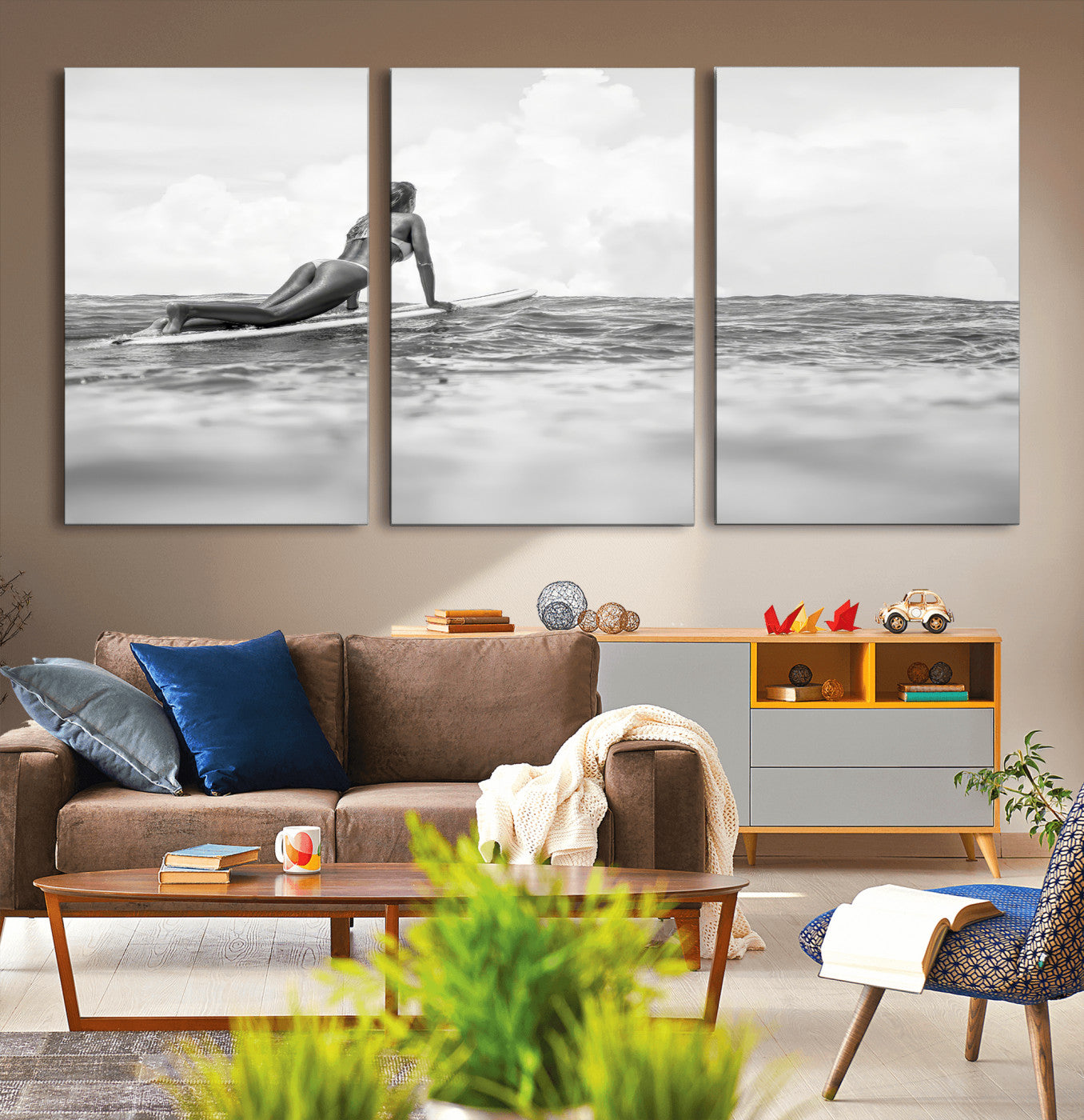 69798068-MGV-CV-36X24-Black White Surfing Wall Art Canvas Print, Framed Ocean Horizon Art Picture Print, Surfer Girl Perfect Coastal Adventure Decor