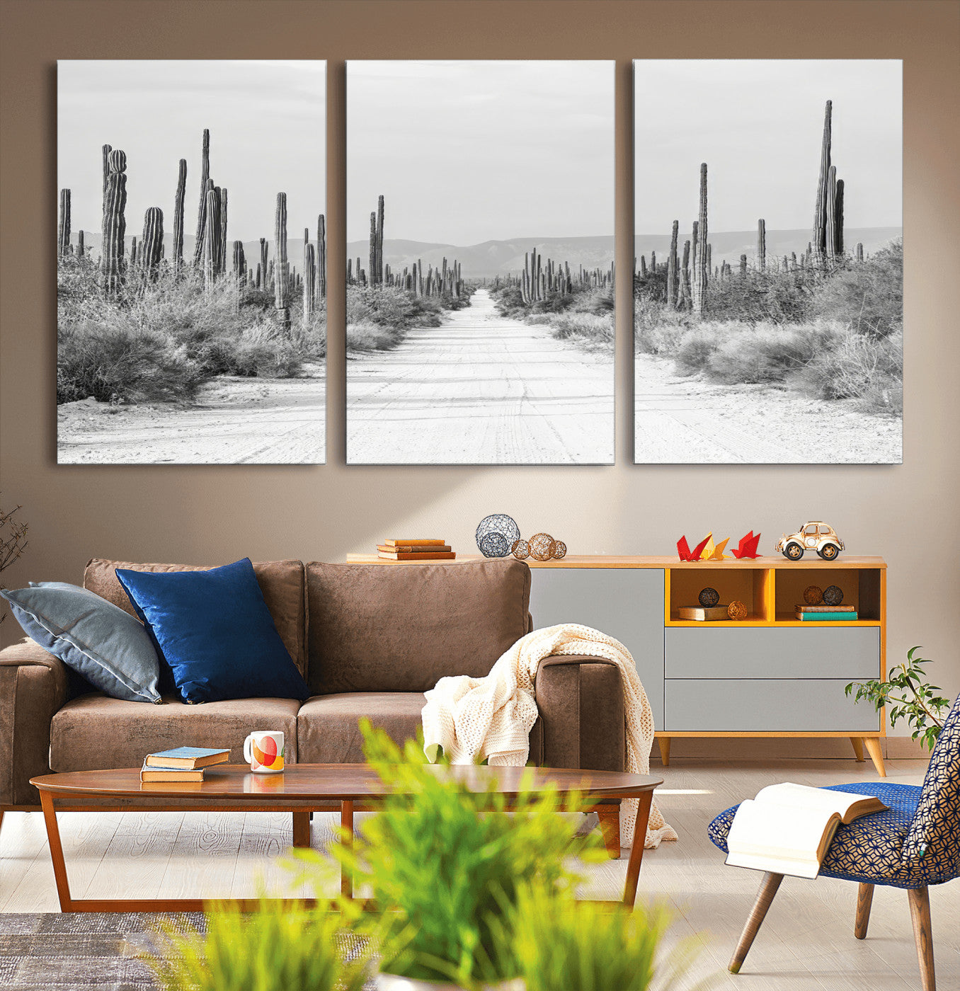 35537313-MGV-CV-36X24-Monochrome Desert Wall Art Canvas Print, Framed Cactus Path Art Picture Print, Southwestern Landscape Perfect Southwestern