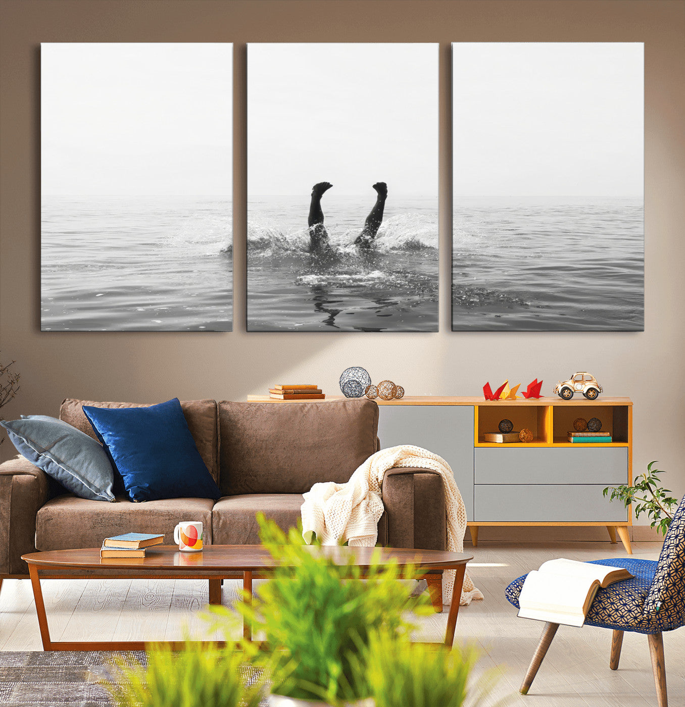 26667396-MGV-CV-36X24-Black White Ocean Wall Art Canvas Print, Framed Monochrome Water Art Picture Print, Diving into Water Perfect Minimalist Aquatic