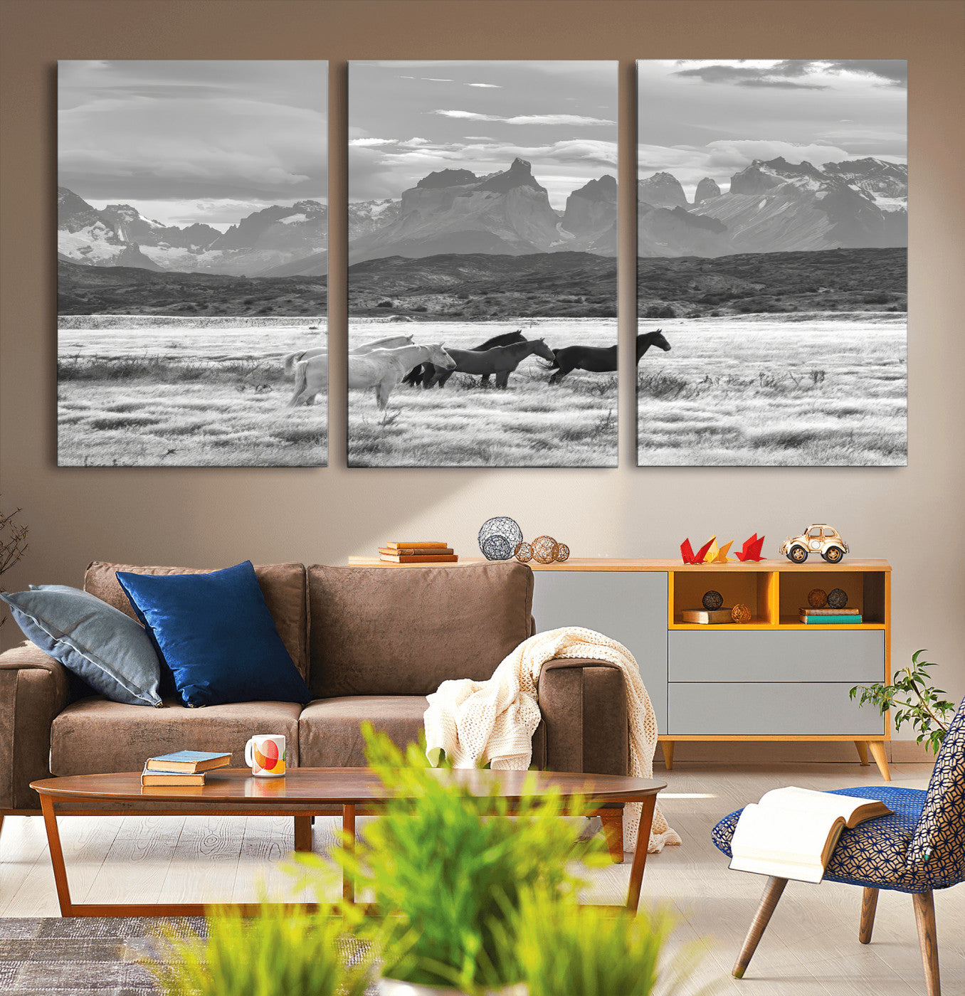21655040-MGV-CV-36X24-Wild Horses Wall Art Canvas Print, Framed Black White Mountains Art Picture Print, Rustic Countryside Perfect Rustic Western Decor