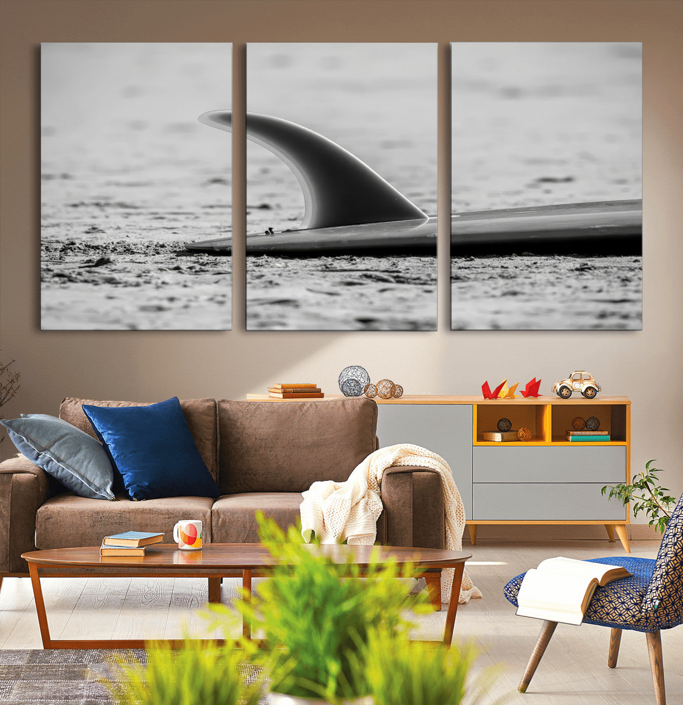 62314230-MGV-CV-36X24-Black White Surfboard Wall Art Canvas Print, Framed Minimalist Beach Art Picture Print, Surf Fin Perfect Minimalist Coastal Decor