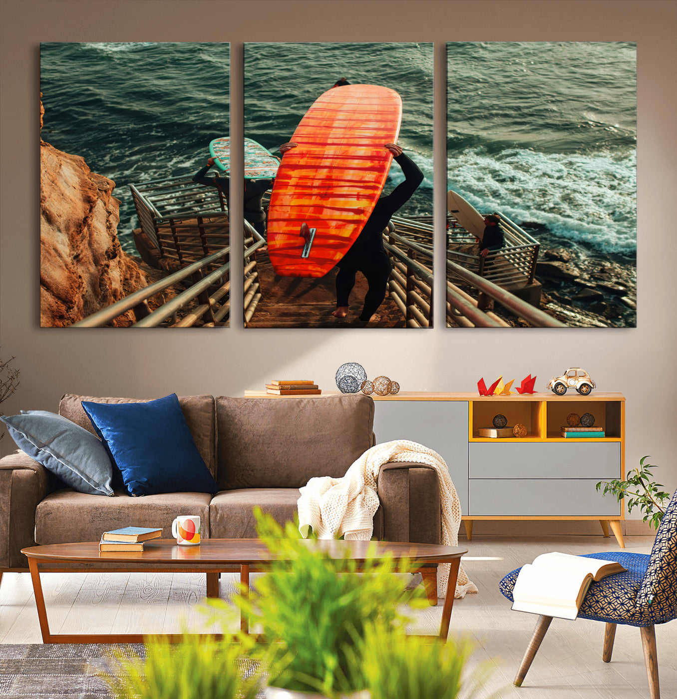 84555848-MGV-CV-36X24-Surfer Stairway Wall Art Canvas Print, Framed Ocean Surf Art Picture Print, Sunset Coastal Perfect Coastal Adventure Decor Artwork