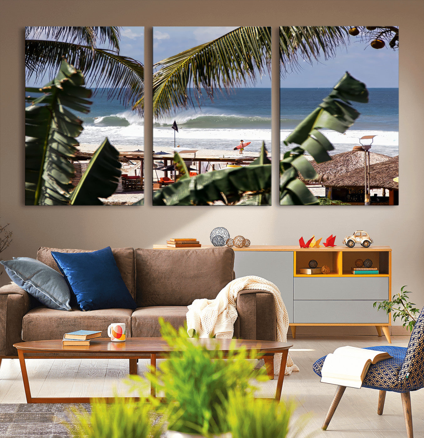 34722557-MGV-CV-36X24-Tropical Shoreline Wall Art Canvas Print, Framed Surfer Beach Art Picture Print, Coastal Surf Perfect Tropical Coastal Decor
