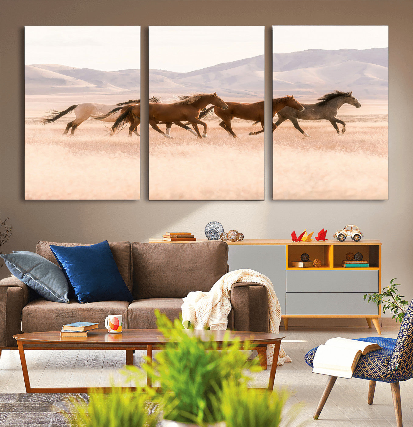 83644685-MGV-CV-36X24-Wild Horse Art Wall Art Canvas Print, Framed Rustic Western Art Picture Print, Desert Horse Scene Perfect Rustic Western Decor