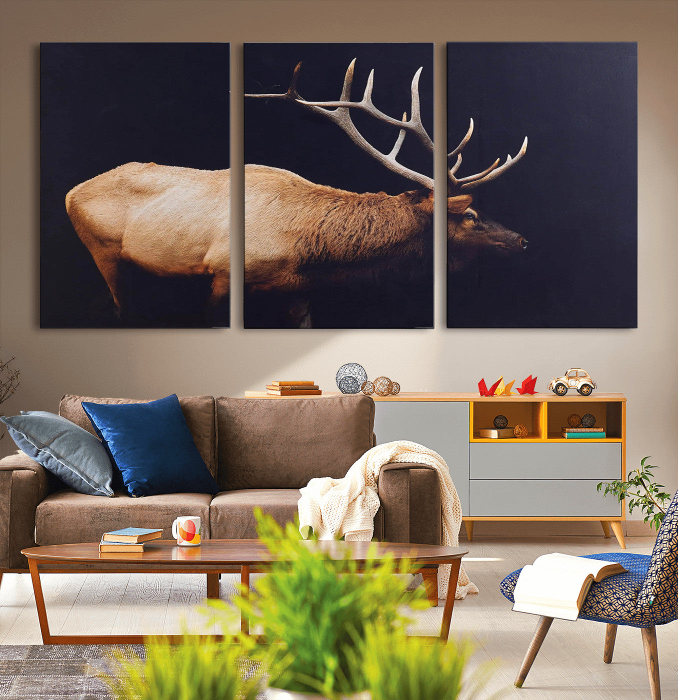 91871131-MGV-CV-36X24-Rustic Elk Art Wall Art Canvas Print, Framed Moody Wildlife Decor Art Picture Print, Western Animal Print Perfect Western Lodge