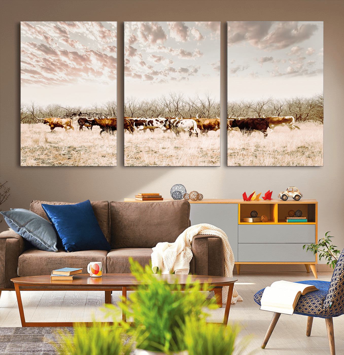 64892775-MGV-CV-36X24-Longhorn Cattle Wall Art Canvas Print, Framed Texas Ranch Art Picture Print, Western Cow Perfect Western Decor Artwork