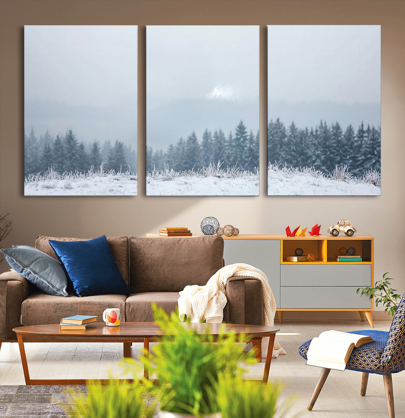 33033082-MGV-CV-36X24-Winter Forest Art Wall Art Canvas Print, Framed Snowy Landscape Art Picture Print, Misty Tree Scene Perfect Nordic Minimalist