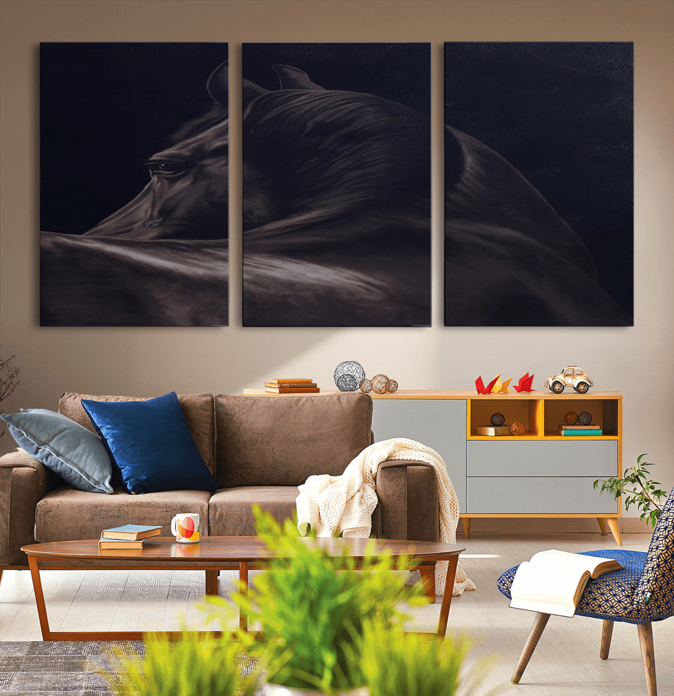 67026880-MGV-CV-36X24-Black Horse Portrait Wall Art Canvas Print, Framed Moody Horse Decor Art Picture Print, Equestrian Wall Style Perfect Masculine