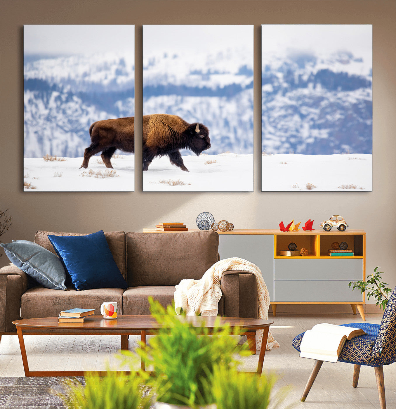 58512275-MGV-CV-36X24-Cowboy Aesthetic Wall Art Canvas Print, Framed Neutral Animal Theme Art Picture Print, Bison Ranch Style Perfect Rustic Western