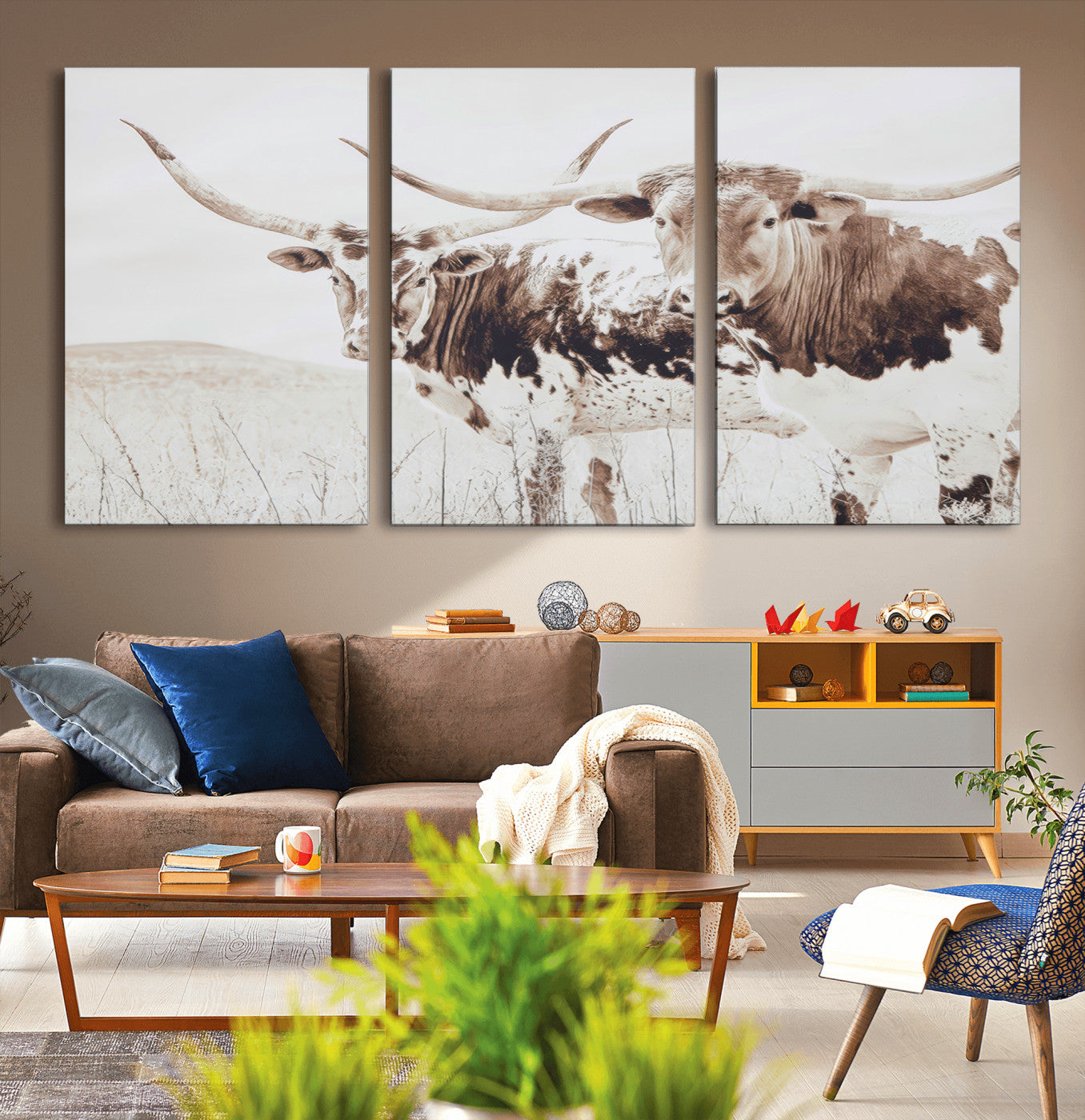 48161868-MGV-CV-36X24-Longhorn Cow Decor Wall Art Canvas Print, Framed Rustic Cattle Art Picture Print, Sepia Western Vibe Perfect Neutral Rustic